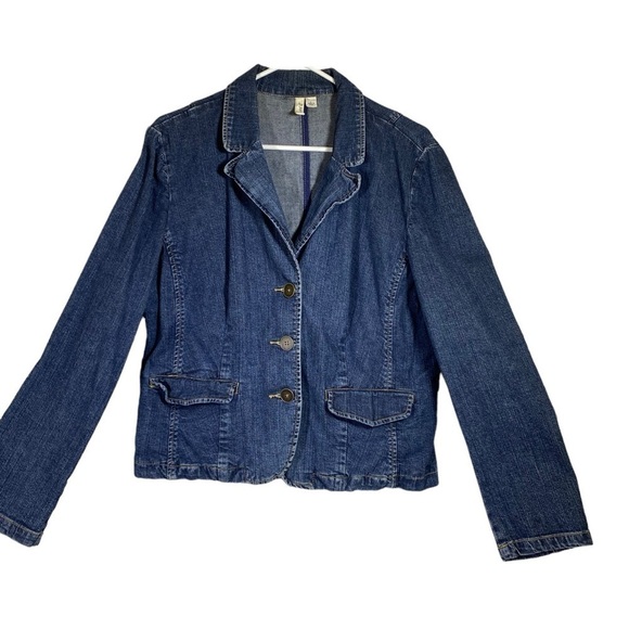 St. Johns Bay stretch women's Large denim blazer jacket slightly cropped pockets - Picture 1 of 9